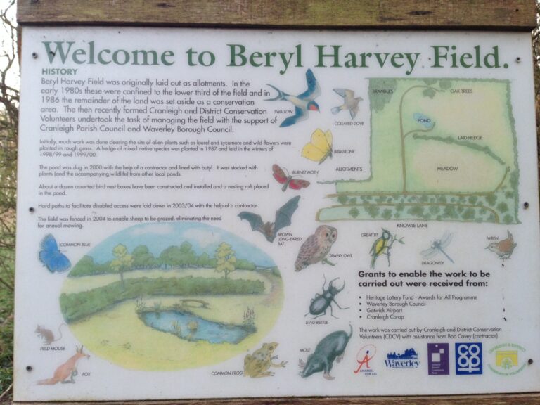 Beryl Harvey sign at entrance of field in Cranleigh